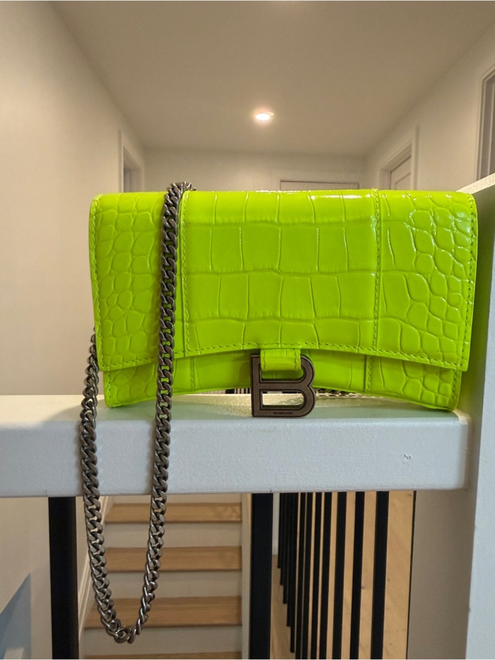 Balenciaga Neon Green Croc-Embossed Chain Crossbody